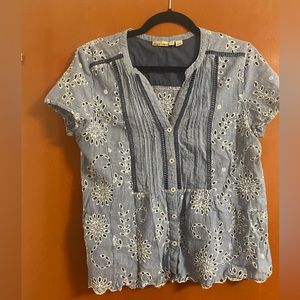 Anthropologie Blue and White Eyelet Blouse